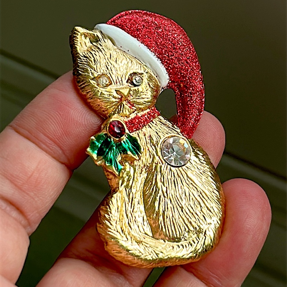 🖤Vtg Christmas Cat brooch with Santa hat - Picture 4 of 10